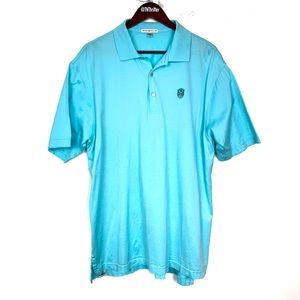 Peter Millar Men’s Short Sleeve Button Up Polo Shirt Blue Crest Logo Golfing XL